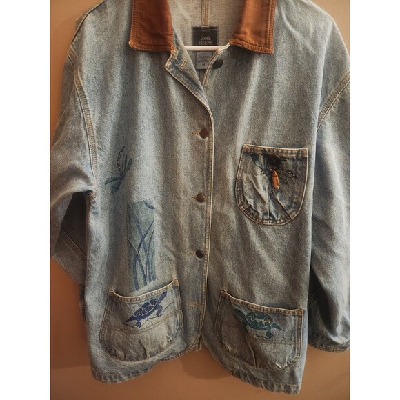 Vintage Adobe Designs Denim Jean Jacket Artsy Turtle Fish Rust Collared Size M - Picture 7 of 10